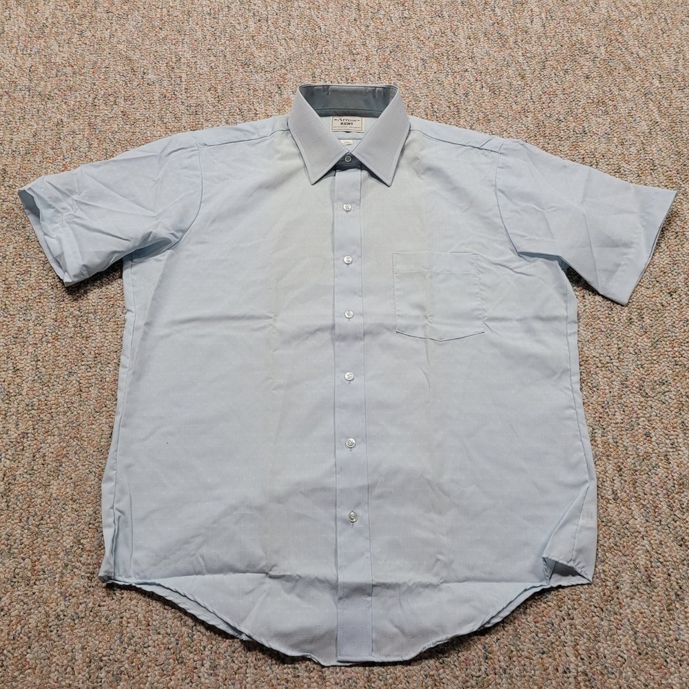 Arrow Kent Button Up Shirt Men 16.5 Light Blue Dobby Short Sleeve Vintage Office